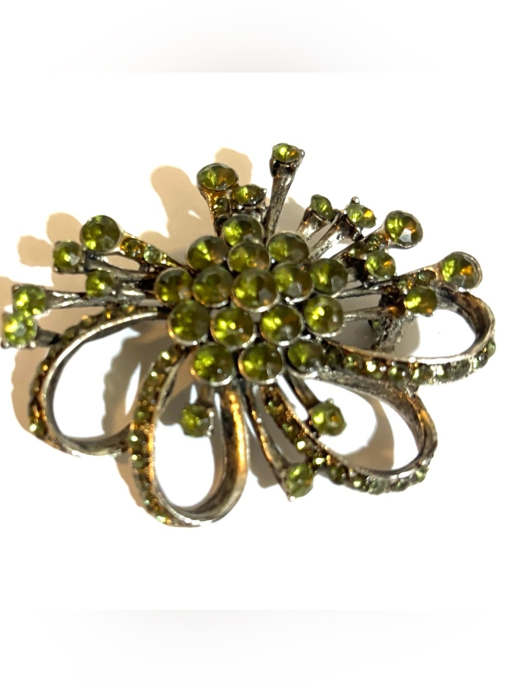 Vintage Green Rhinestone Floral Bow Brooch